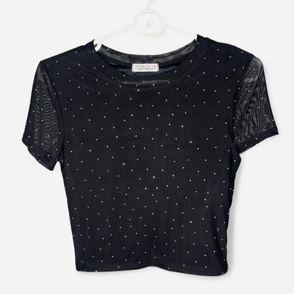 Black Rhinestone Mesh Crop Top